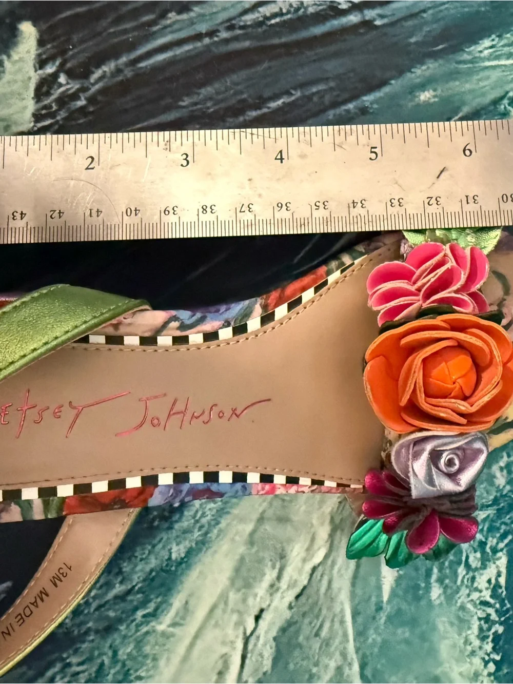 Betsey Johnson Green Ankle-Strap Sandals with Multicolor Floral Accents